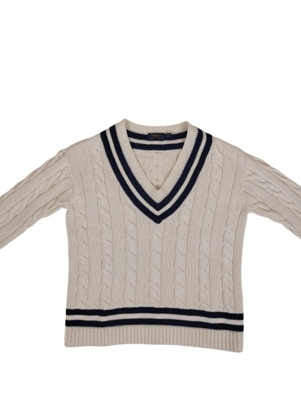 Polo Ralph Lauren Cable-Knit Cotton Cricket Sweater Ecru Navy women's medium